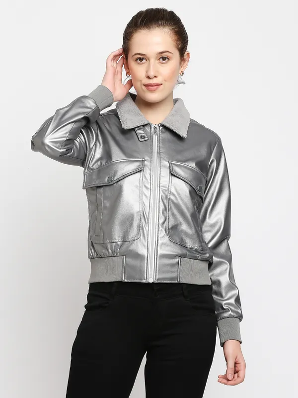Being Human Bomber Semi  Fit Women Collared Jackets-Gunmetal Silver